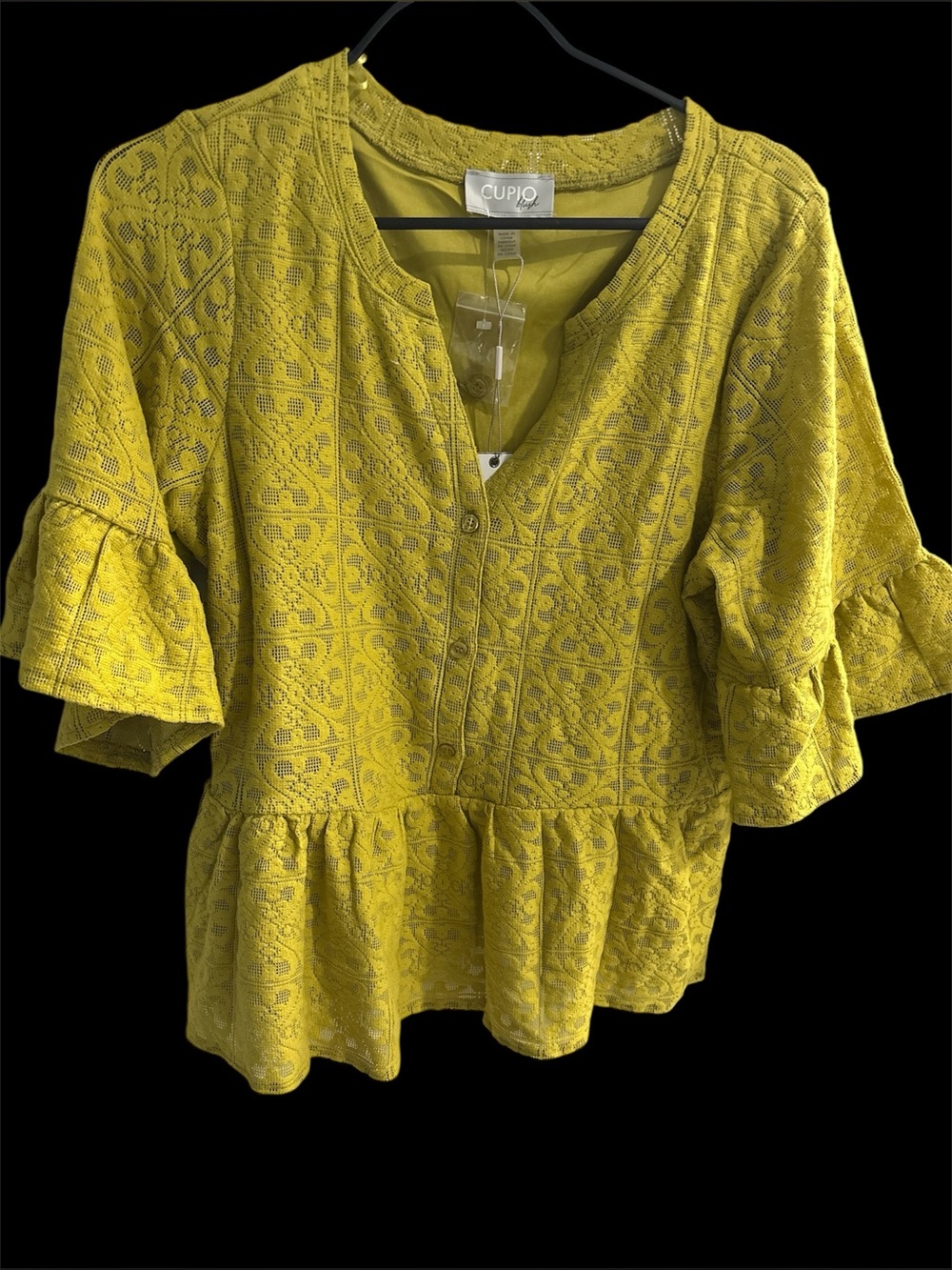 Neiman Marcus Yellow Lace Button-Front Peplum 3/4 sleeves Blouse Sz Large